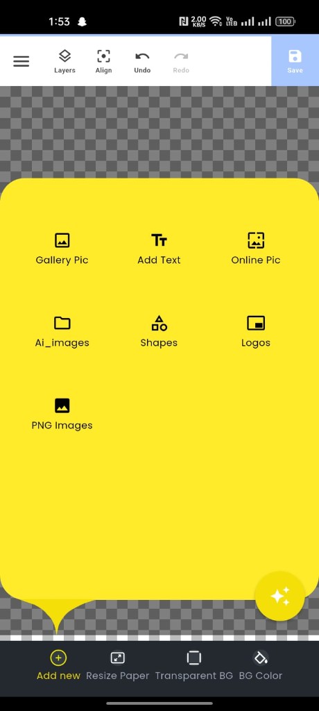 Musamimuk design editor Add menu with Gallery Pic, Text, Online Pic, AI Images, Shapes, Logos, and PNG Images