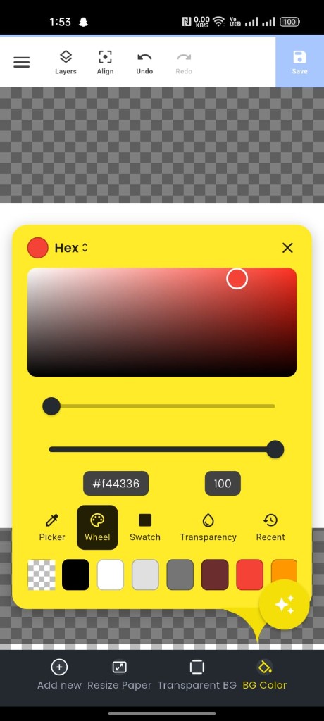 Musamimuk background color picker with hex input, color wheel, swatches, and transparency options