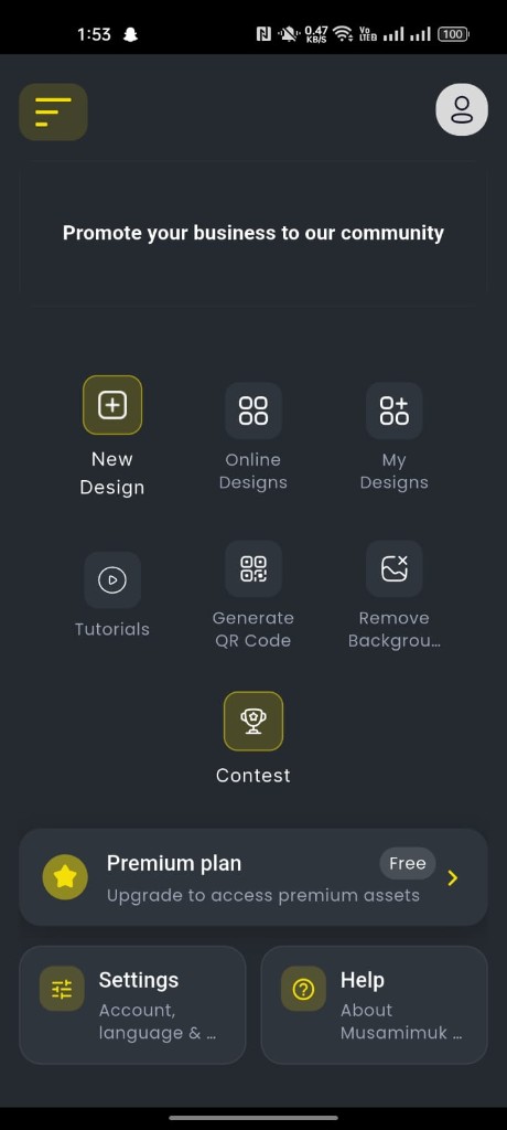 Musamimuk app home screen showing New Design, Online Designs, Contests, and Remove Background tools
