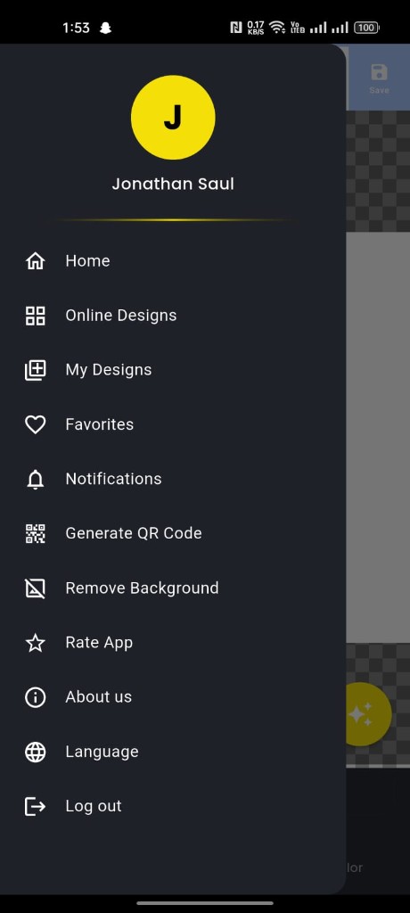 Musamimuk side navigation menu with Home, Online Designs, My Designs, Favorites, Notifications, and more