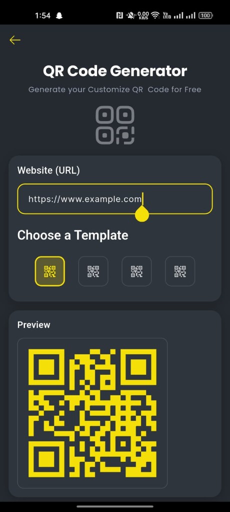 Musamimuk QR Code Generator with URL input, template styles, and live preview