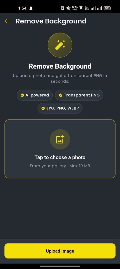 Musamimuk Remove Background screen with AI powered upload for transparent PNG output